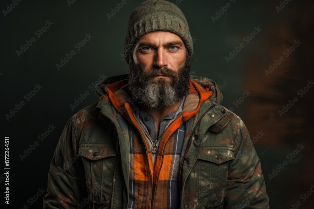 Handsome bearded man in a jacket and a hat on a dark background Handsome bearded man in a jacket and a hat on a dark background