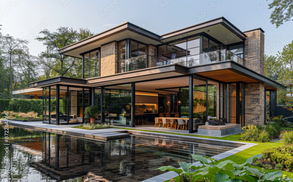 Fototapeta premium A large house with a pool and a large glass door. The house is surrounded by trees and has a modern design