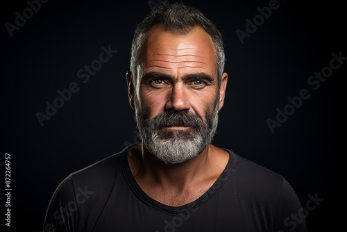 Handsome mature man with long gray beard and mustache. Studio shot on black background.