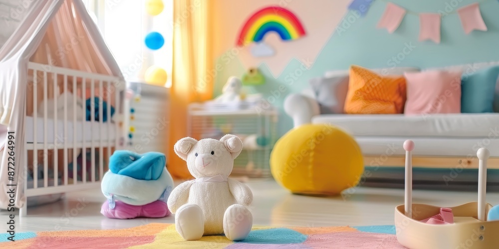 A colorful room with a teddy bear on the floor A colorful room with a teddy bear on the floor