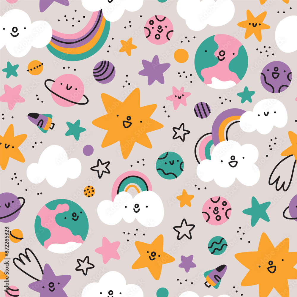 Cartoon space vector seamless pattern with cute stars, clouds and planets, bright background illustration for kids