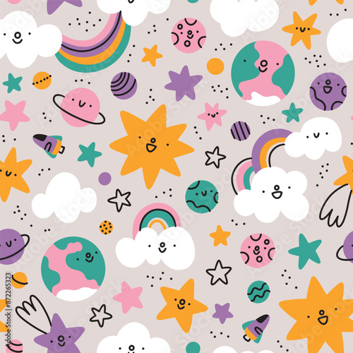 Cartoon space vector seamless pattern with cute stars, clouds and planets, bright background illustration for kids