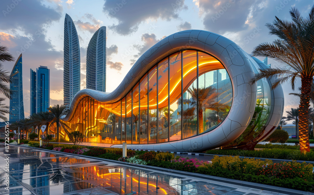 Obraz premium A large building with a curved glass facade and a large glass window