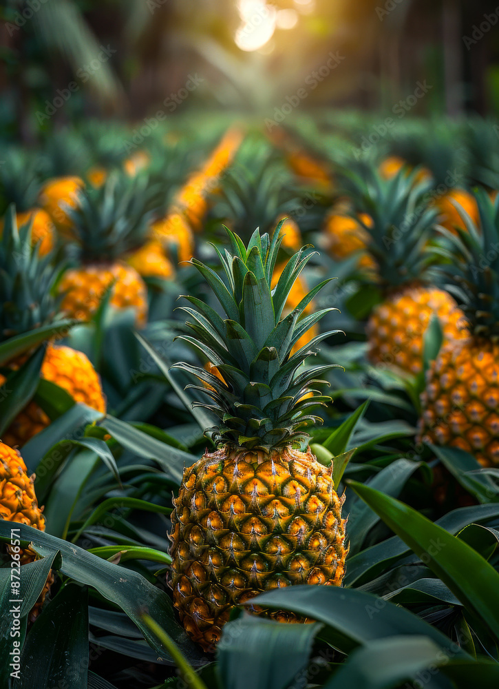 A bunch of pineapples are growing in a field A bunch of pineapples are growing in a field