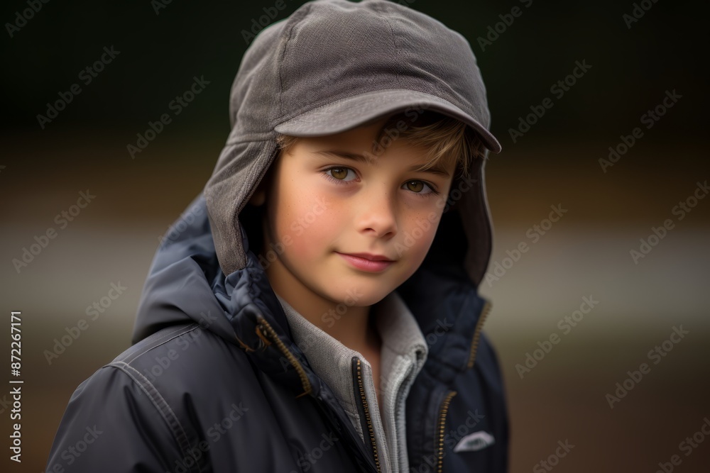 Portrait of a young boy wearing a hooded jacket and looking at the camera. Portrait of a young boy wearing a hooded jacket and looking at the camera.
