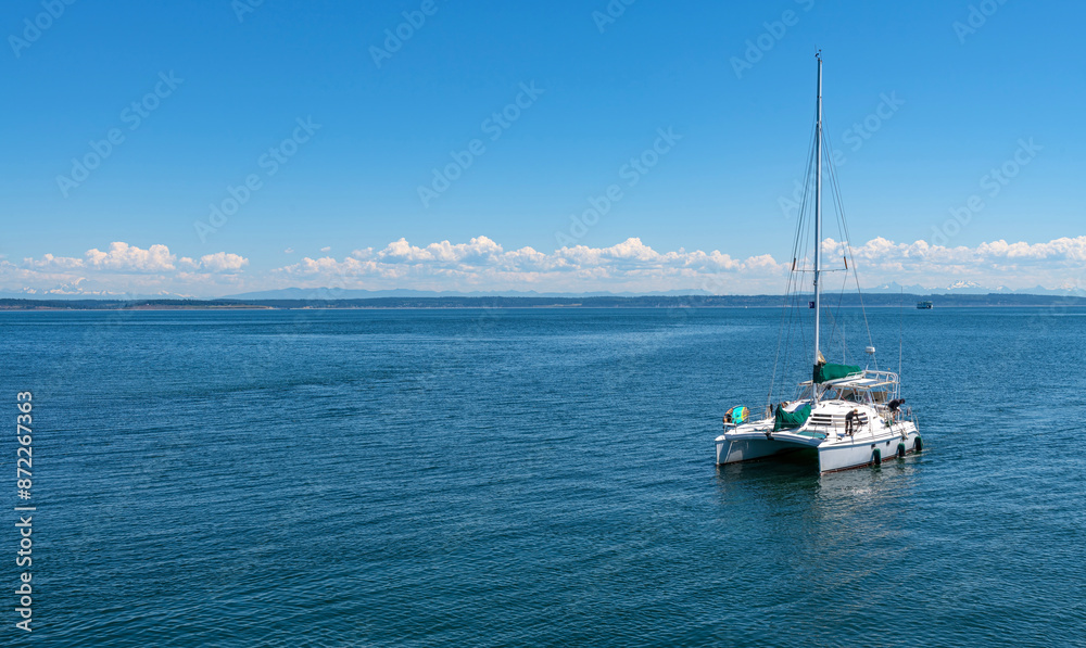 Catamaran coming to port in preparation Port Townsend WA. Catamaran coming to port in preparation Port Townsend WA.