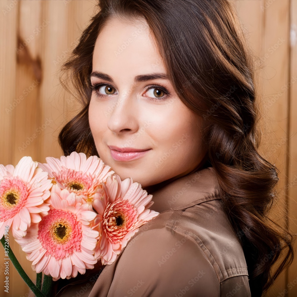 young, beautiful woman, mother, with flowers, brown eyes , generated by AI. High quality photo