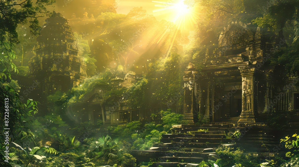 Fototapeta premium Digital painting depicting sunlit ancient ruins engulfed by a lush, mystical forest. Generative AI