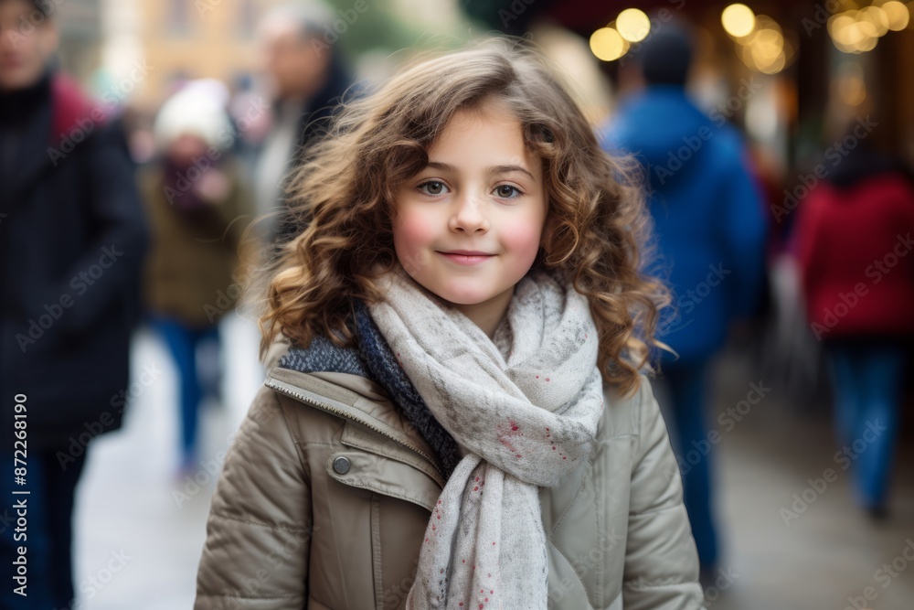 Portrait of cute little girl with curly hair in the city center Portrait of cute little girl with curly hair in the city center