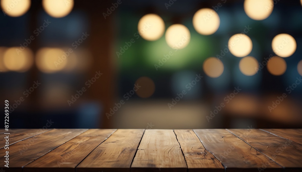 wooden table with a view of blurred Restaurant Background, For product display template wooden table with a view of blurred Restaurant Background, For product display template