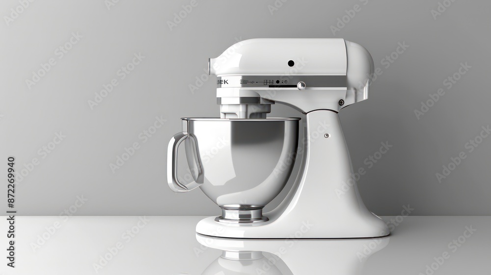 Elegant white stand mixer with attachments on a reflective surface against a light gray backdrop. Generative AI Elegant white stand mixer with attachments on a reflective surface against a light gray backdrop. Generative AI