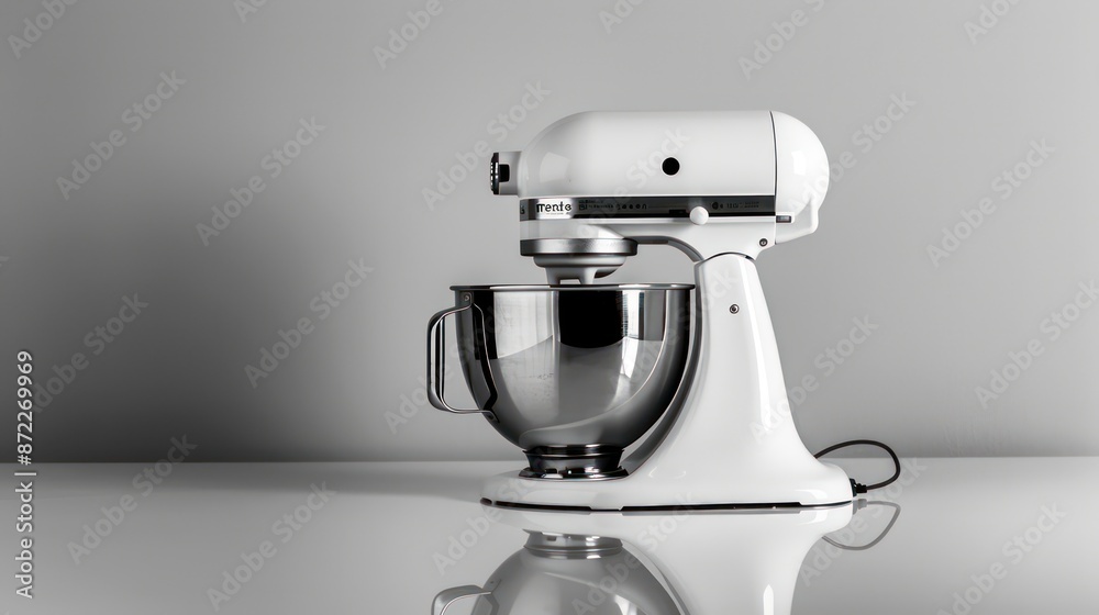 Elegant white stand mixer with attachments on a reflective surface against a light gray backdrop. Generative AI Elegant white stand mixer with attachments on a reflective surface against a light gray backdrop. Generative AI