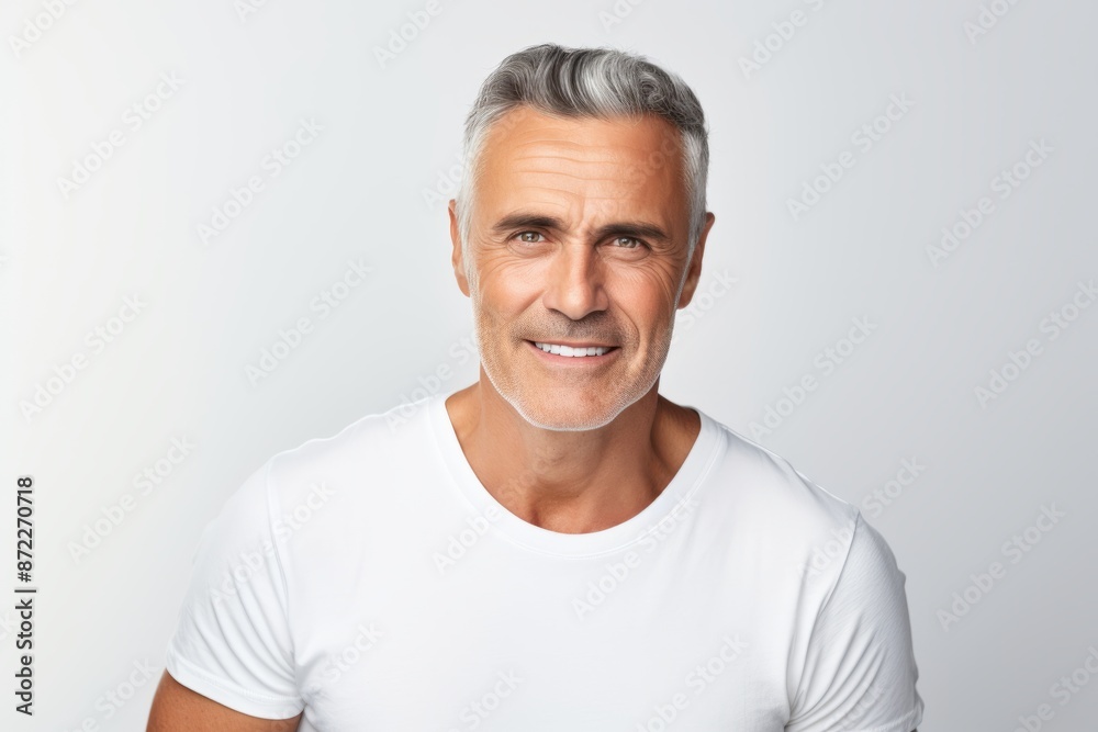 Handsome mature man in white t-shirt on grey background Handsome mature man in white t-shirt on grey background