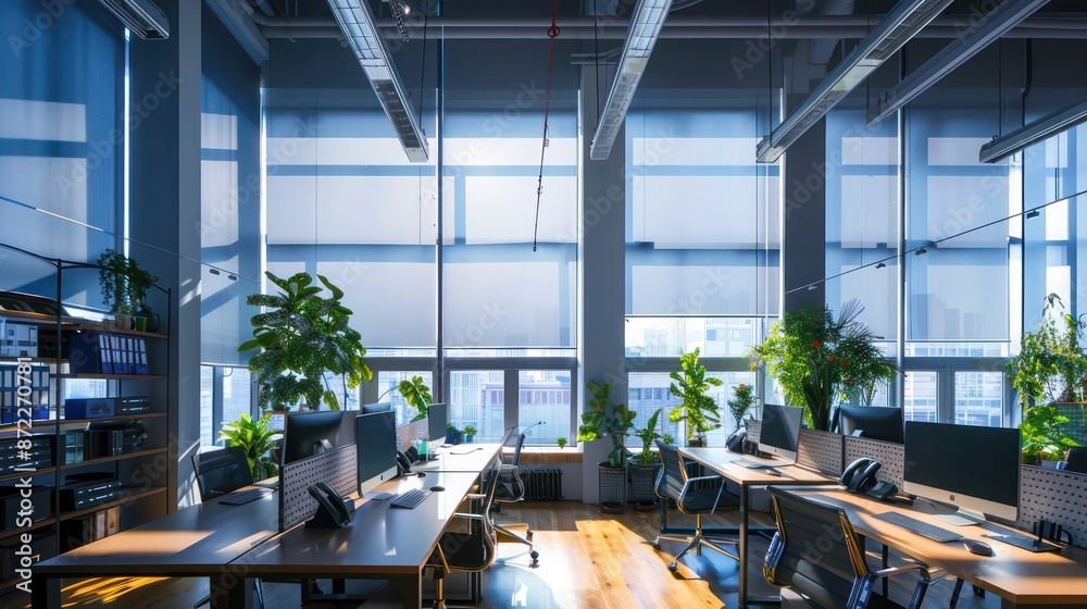 high-tech startup office with energy-efficient windows that tint automatically based on sunlight exposure, ensuring a comfortable work environment and reducing eye strain