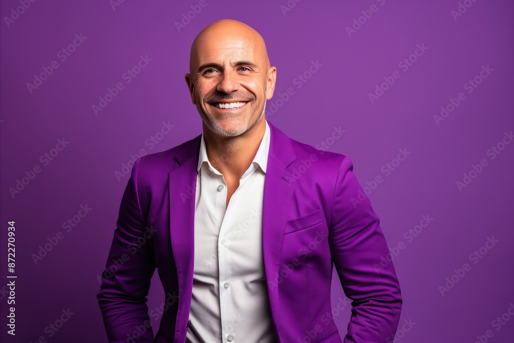 Handsome middle-aged man in a purple suit on a purple background Handsome middle-aged man in a purple suit on a purple background