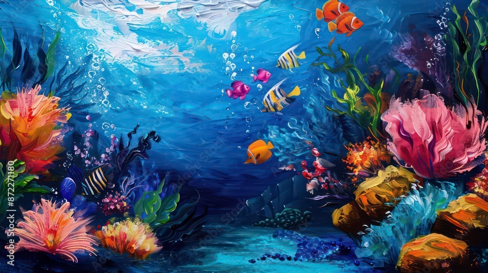 Fototapeta premium Exquisite handpainted acrylic underwater seascape painting showcasing vibrant marine life. Colorful coral reef. And the beauty of the ocean ecosystem