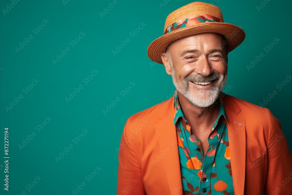 Portrait of a smiling senior man in a hat and orange jacket. Portrait of a smiling senior man in a hat and orange jacket.