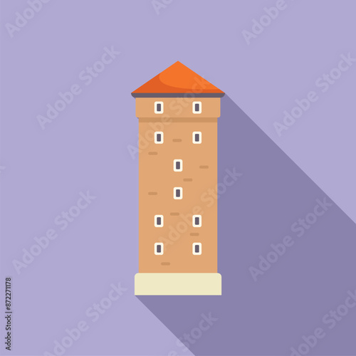 Tall brick tower with small windows and a red roof stands against a purple background, casting a long shadow