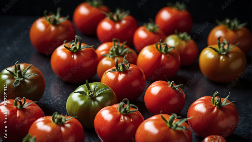 The image shows rows of ripe tomatoes of varying degrees of ripeness, ranging from green to red, arranged on a dark surface, the tomatoes have a shiny texture and distinct green stalks The image shows rows of ripe tomatoes of varying degrees of ripeness, ranging from green to red, arranged on a dark surface, the tomatoes have a shiny texture and distinct green stalks