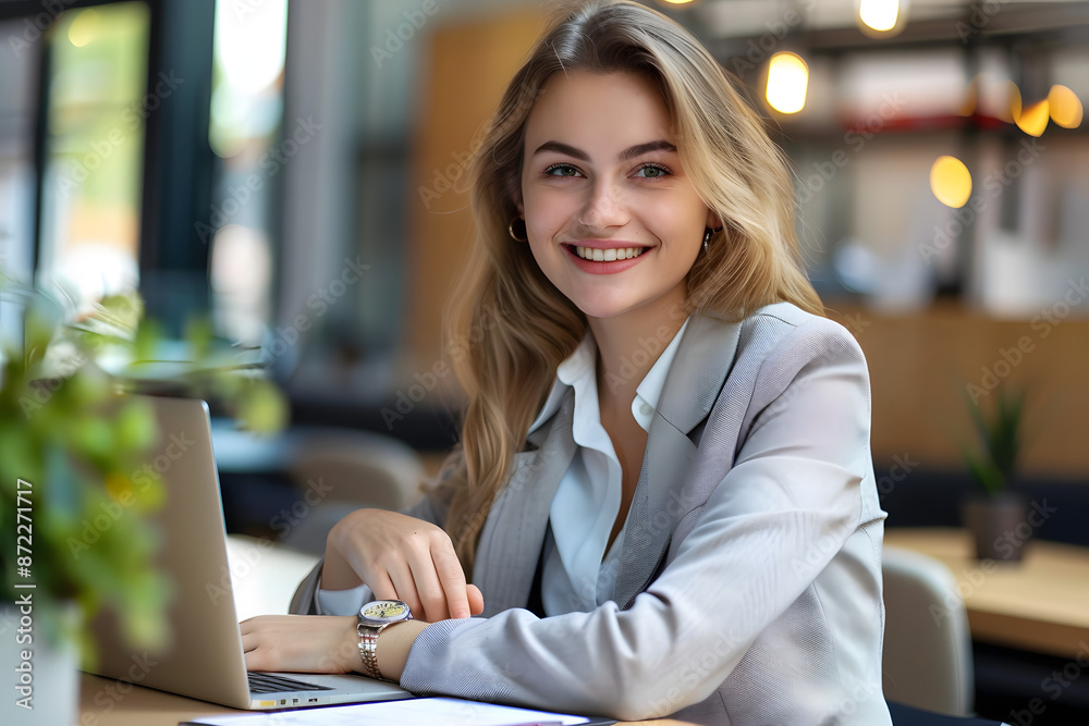 Portrait of a cheerful young businesswoman sitting at the table in office and looking at camera. Portrait of a cheerful young businesswoman sitting at the table in office and looking at camera.