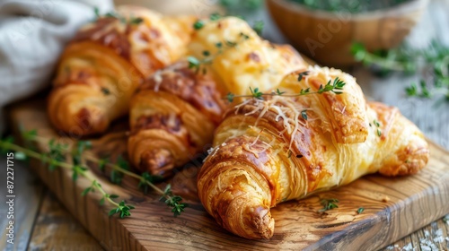 Freshly baked cheese croissants garnished with thyme, served on a rustic wooden board. Generative AI