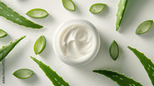 jar of skin care cream and Aloe on a white background photo