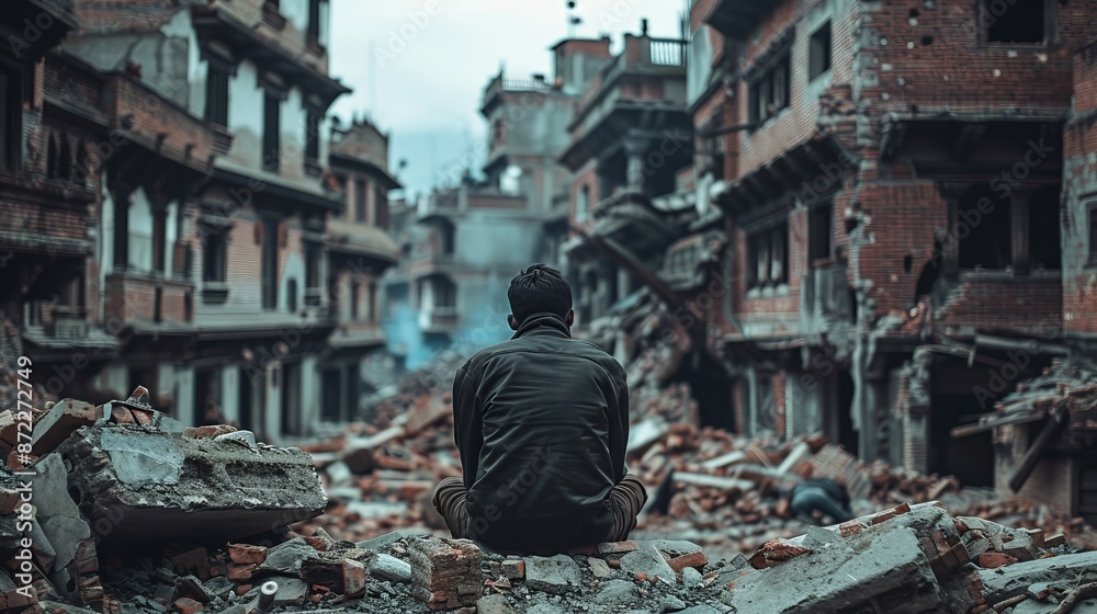 Naklejka premium Man sitting on a pile of rubble, showcasing a post-earthquake scenario