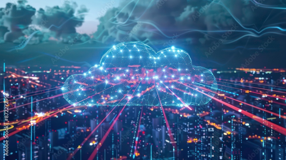 Obraz premium Generative AI image of cloud computing and digital data transfer with computing networked across cities country and globe with virtualization approach