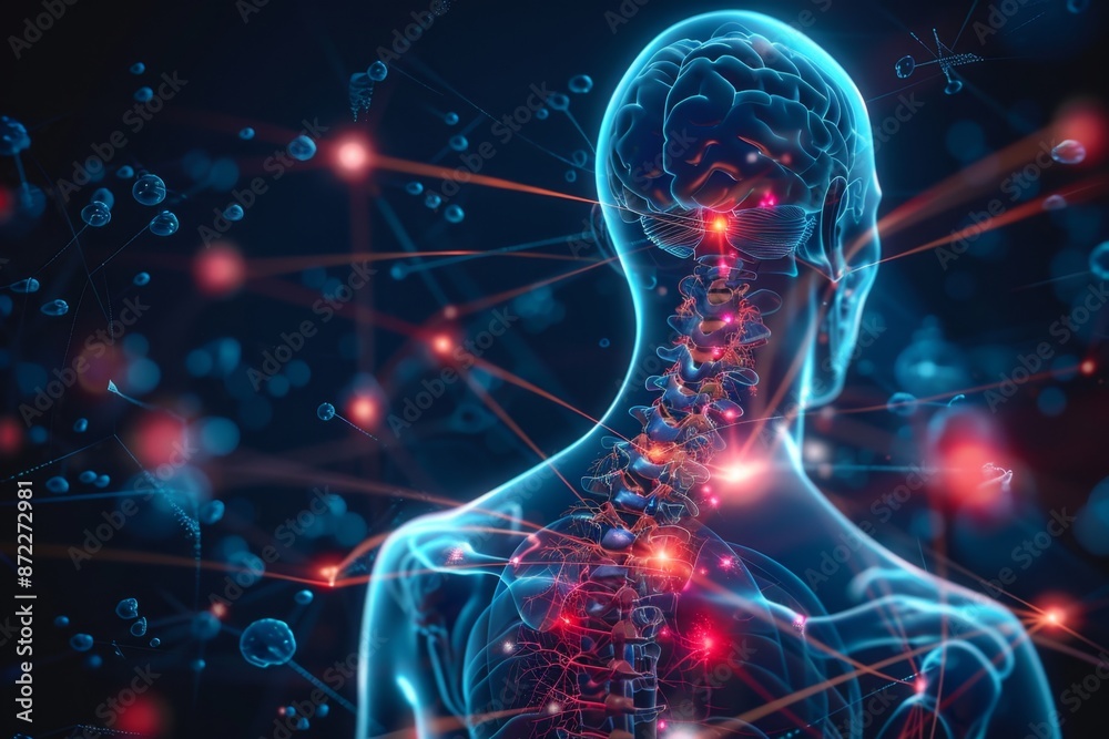 Futuristic depiction of neural network with glowing connections inside a human head and spine. Vibrant and detailed. Perfect for medical and technology themes. Generative AI Futuristic depiction of neural network with glowing connections inside a human head and spine. Vibrant and detailed. Perfect for medical and technology themes. Generative AI