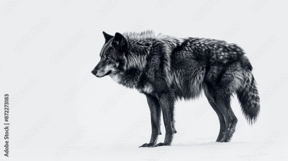 A watchful wolf, standing tall, is depicted in bold black strokes on a stark white background A watchful wolf, standing tall, is depicted in bold black strokes on a stark white background