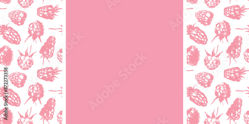 Vector floral banner template with abstract raspberry hand drawn illustrations. Pink raspberries pattern seamless for packaging design or sign. Juice or jam label design. Wild berry background.