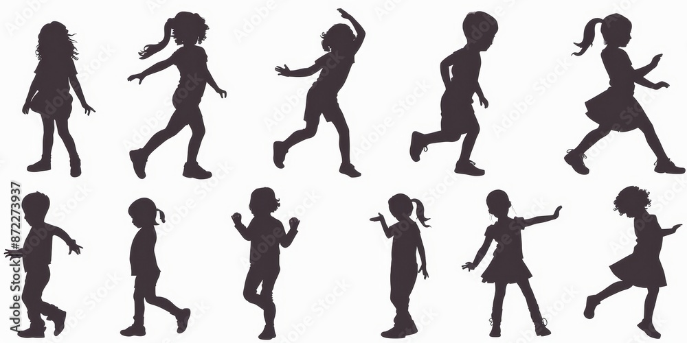 unrecognizable child silhouette in different poses on isolated white background unrecognizable child silhouette in different poses on isolated white background