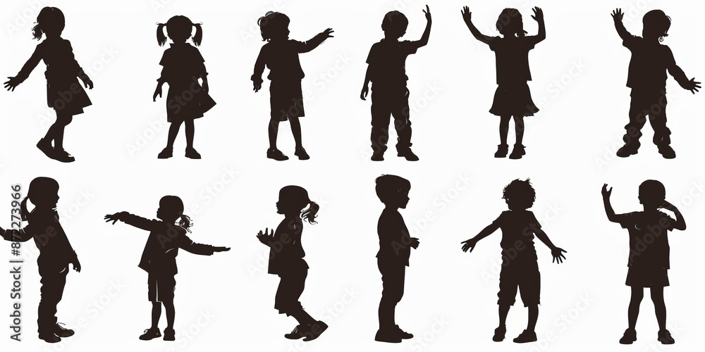 unrecognizable child silhouette in different poses on isolated white background