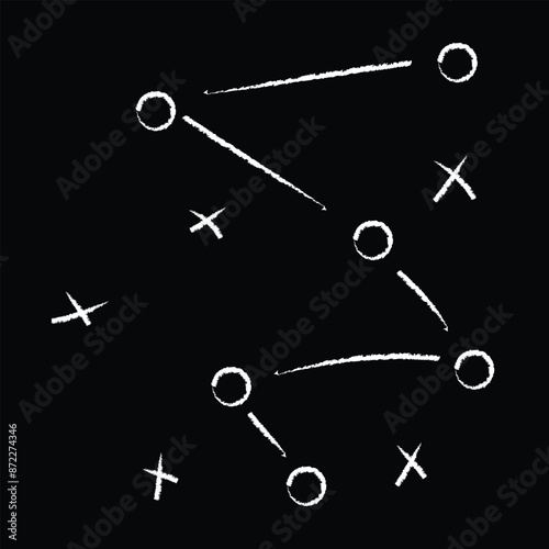 Soccer strategy field, football game tactic drawing on chalkboard. Hand drawn soccer game scheme, learning diagram with arrows.  soccer tactic strategy vector. Eps 10.