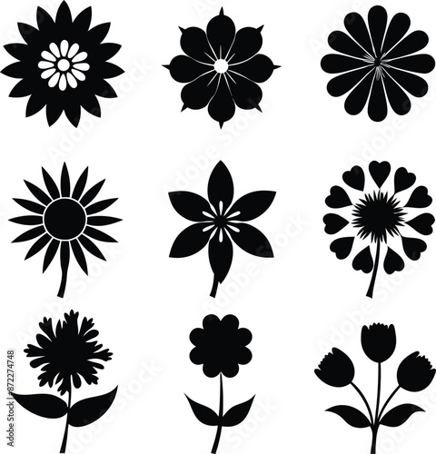 A Set of flower icon Silhouette Design with white Background