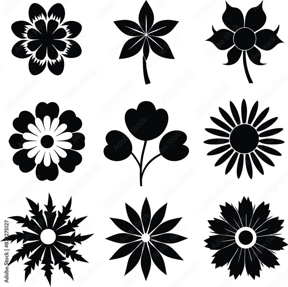 A Set of flower icon Silhouette Design with white Background