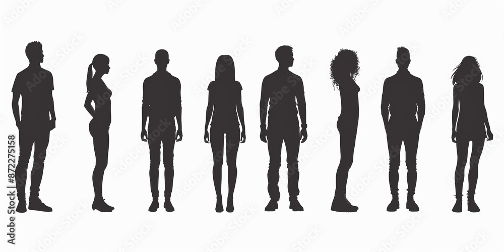 unrecognizable people silhouettes in different poses on isolated white background