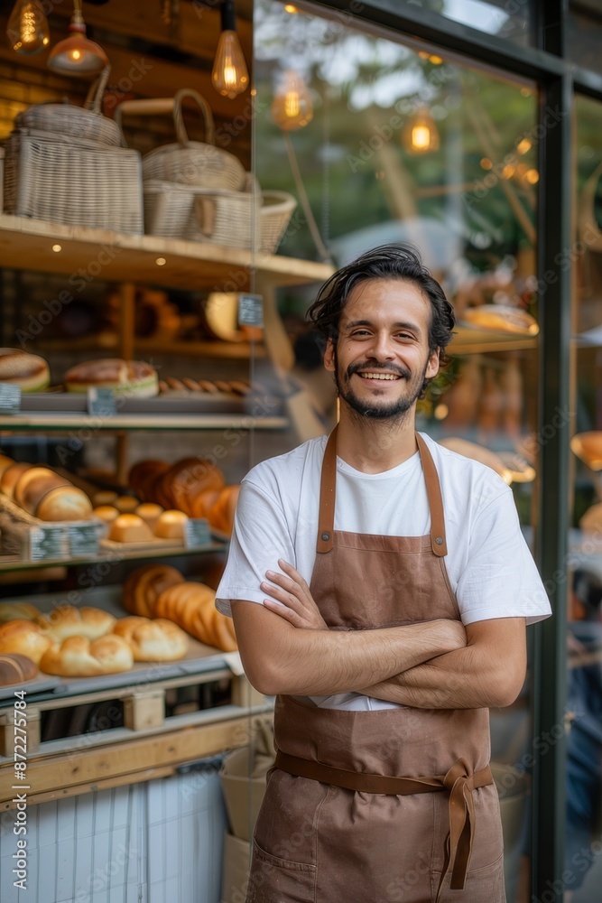 Fototapeta premium Successful male business owner stands with crossed arms in front of his trendy bakery cafe