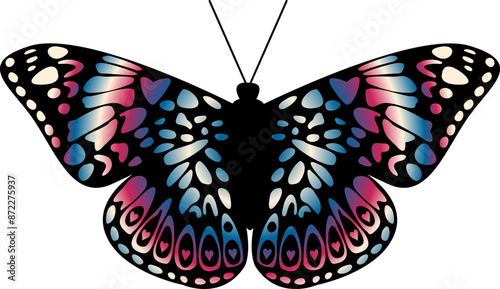 Intricate Colorful Gradient Butterfly Silhouette on a White Background. Nature Inspired, Wildlife, Symmetrical Design. Elegant Ornamental Wings.