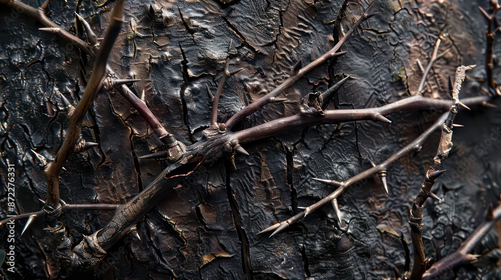 Fototapeta premium Intricate closeup of thorny branches over textured bark, exhibiting a natural dark aesthetic. Generative AI