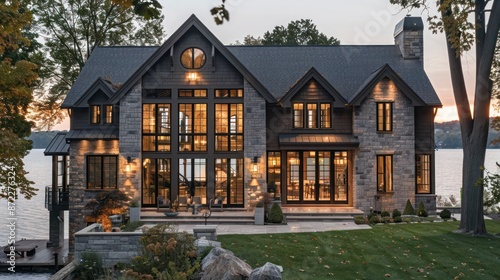 Fototapeta Naklejka Na Ścianę i Meble -  luxury waterfront home with energy-efficient windows that maximize views of the lake while maintaining energy efficiency and comfort in all seasons