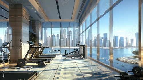 state-of-the-art gym with full-length energy-efficient windows providing a panoramic view of the city skyline without compromising on interior temperature control