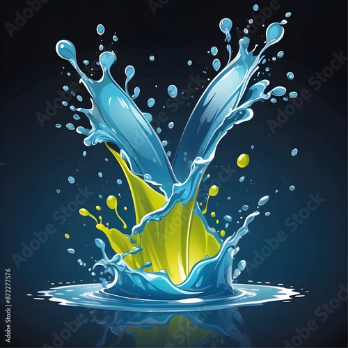 Dynamic Splash of Blue and Yellow: A vibrant and energetic illustration of a splash of blue and yellow liquids against a dark background, creating a mesmerizing visual of energy and movement.  