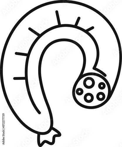 Line art icon of a sausage with spices showing through the casing