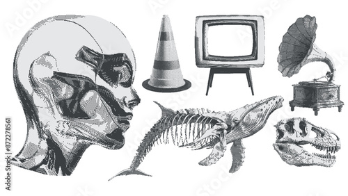 Woman, whale and dinosaur skeleton, TV, gramophone. Surreal retro graphic kit. Monochrome halftone collage cut out element in a retro pop art style. Contemporary dotted stickers.