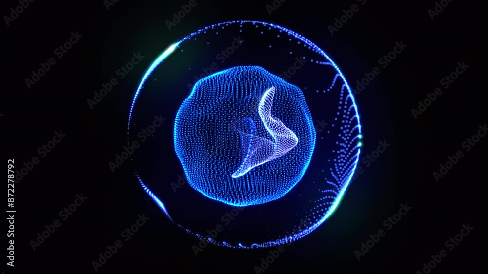 Blue glowing particle 3d sphere seamlessly moving and rotating on black. Abstract 3d energy orb wave motion. Technology, science, artificial intelligence background. Virtual assistant concept. 4k loop