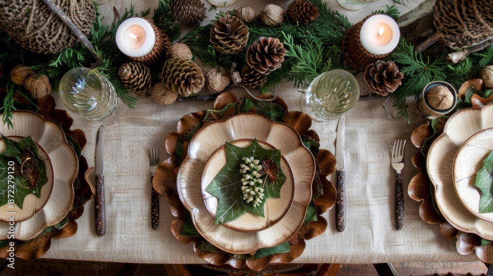 A woodlandthemed table setting featuring leafcovered placemats acornshaped napkin rings and twigadorned plates.