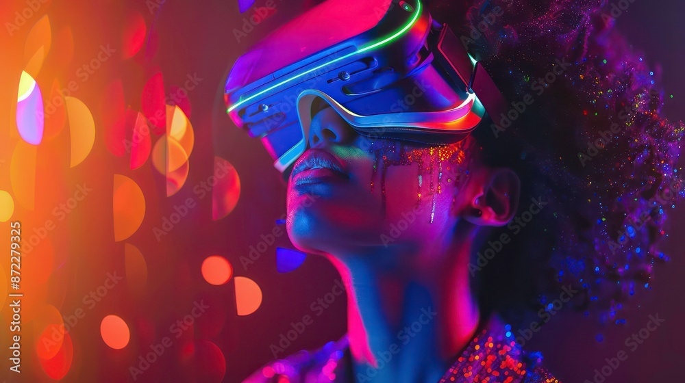 Portrait of a woman immersed in virtual reality with colorful neon lighting. Generative AI Portrait of a woman immersed in virtual reality with colorful neon lighting. Generative AI