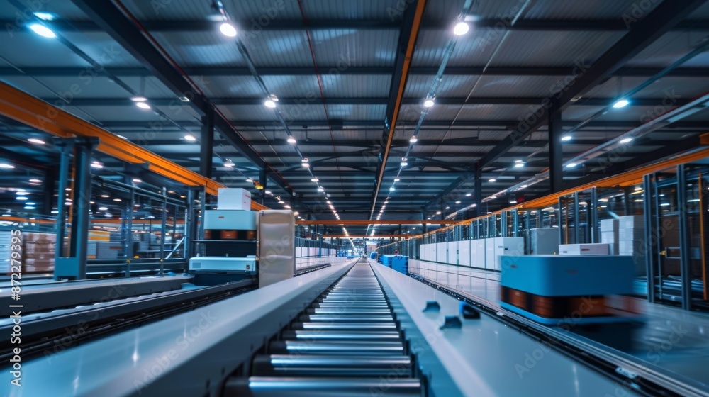A contemporary factory with a huge conveyor belt system in a warehouse. The belt carries boxes, showcasing the efficiency of modern manufacturing. A contemporary factory with a huge conveyor belt system in a warehouse. The belt carries boxes, showcasing the efficiency of modern manufacturing.