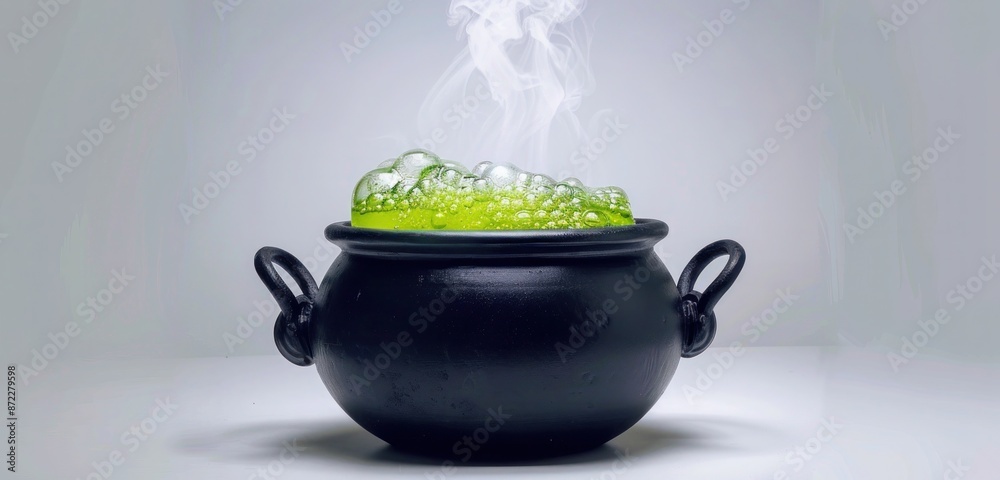 Cauldron with green bubbling potion and steam, isolated on a pure white background Cauldron with green bubbling potion and steam, isolated on a pure white background